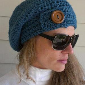 Antique Teal Crocheted Slouchy Beanie With Button