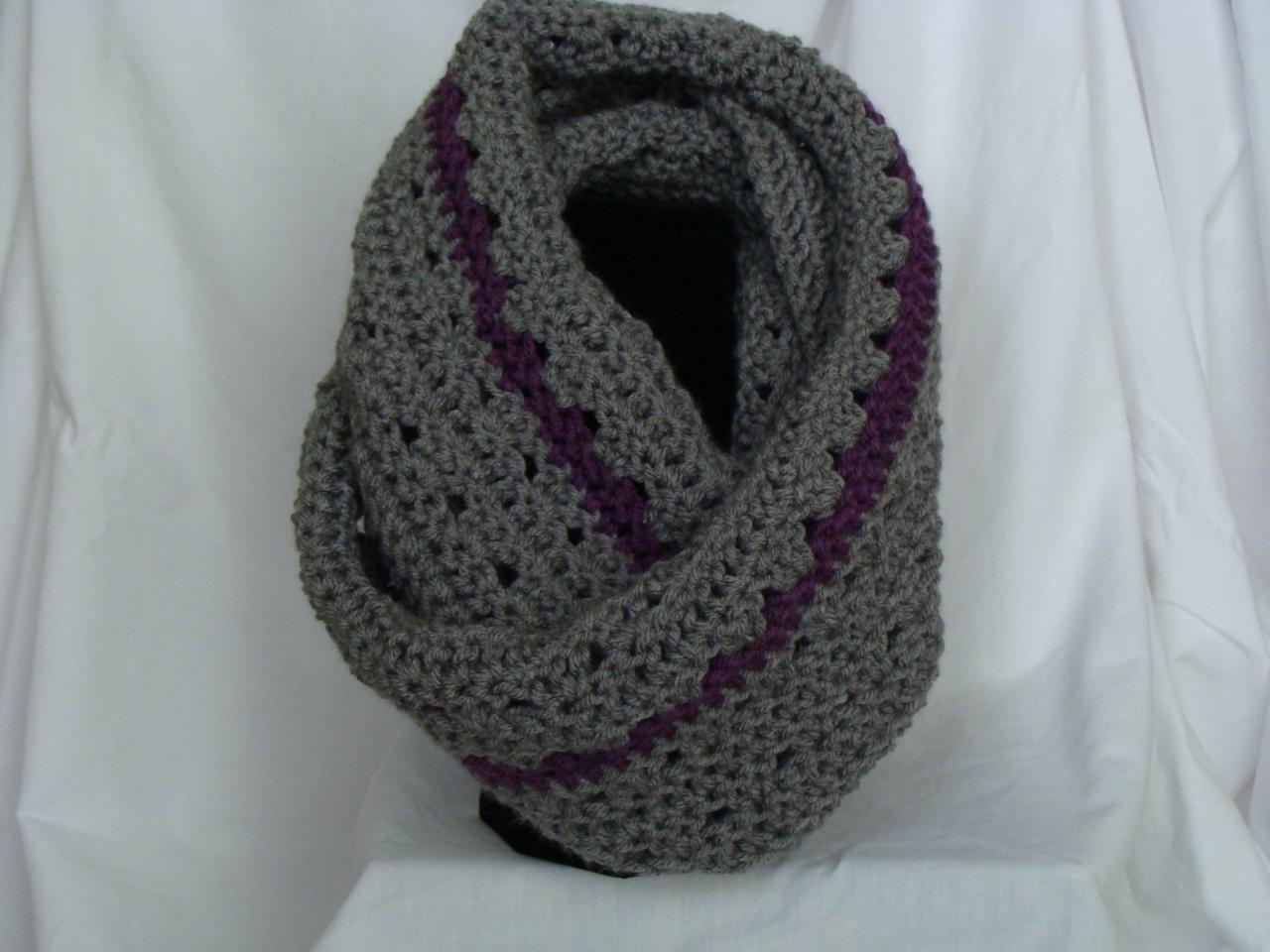 Crochet Infinity Scarf Smokey Grey And Purple Plum