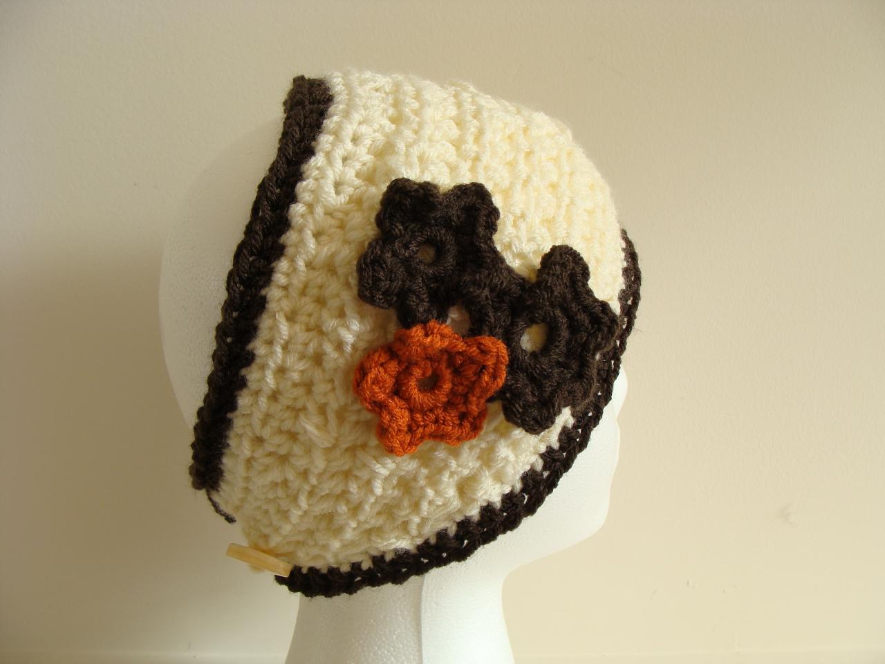 Crochet Head Warmer Rust, Cream And Chocolate Flower Trio Do Bob Diva