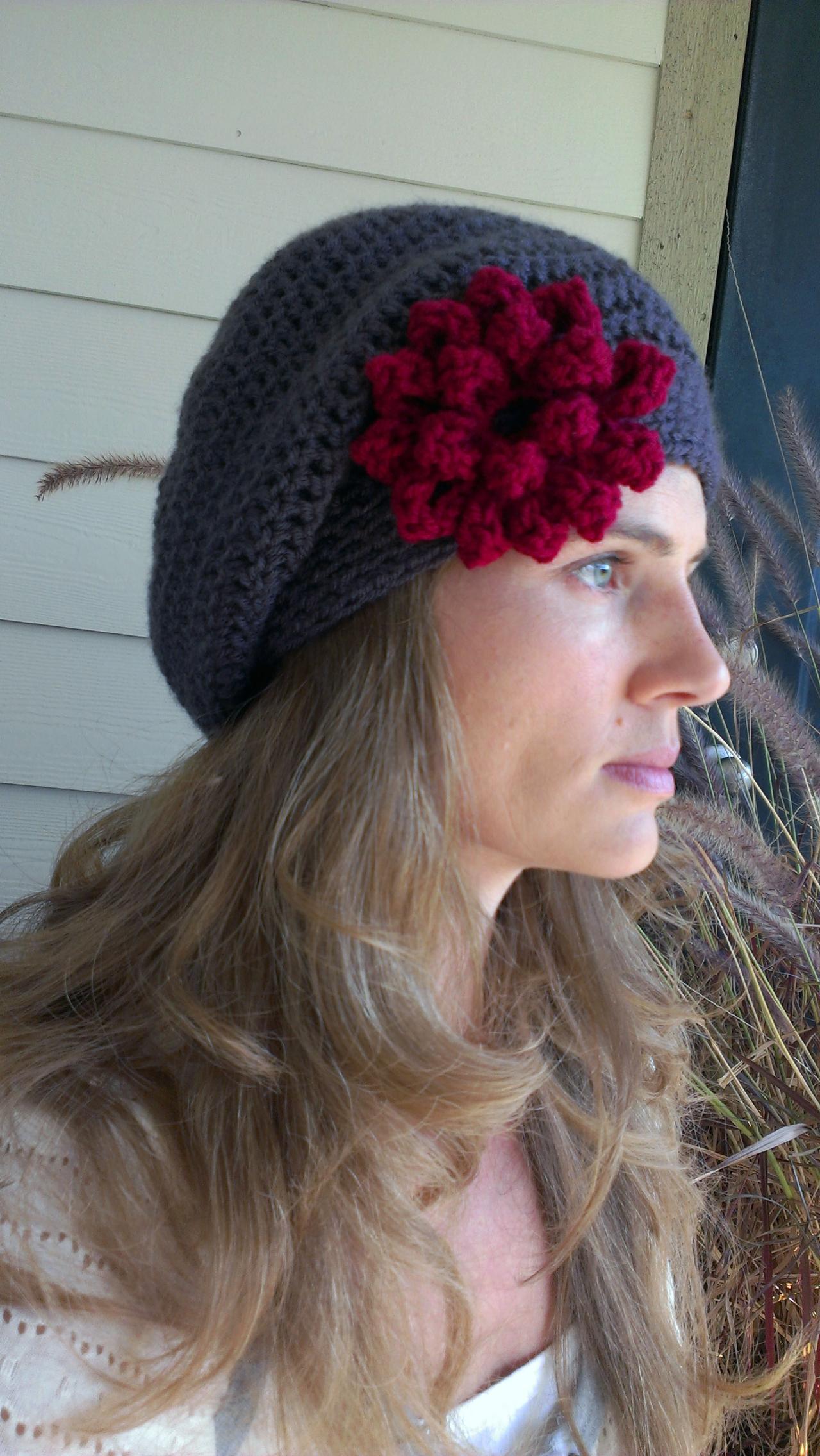 Charcoal With Christmas Cranberry Red Flower Crocheted Slouchy Beanie With Button